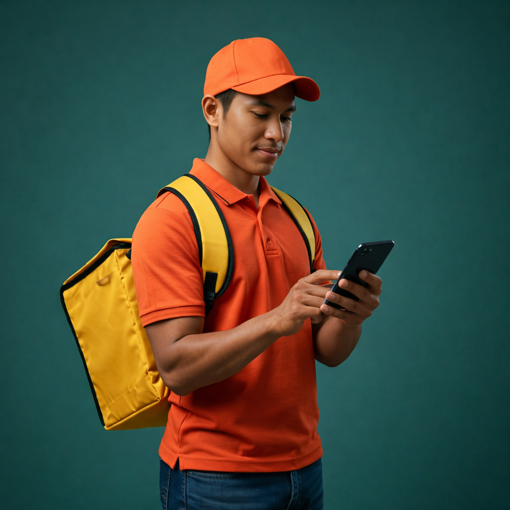 Entregador profissional com mochila de delivery verificando informações no celular